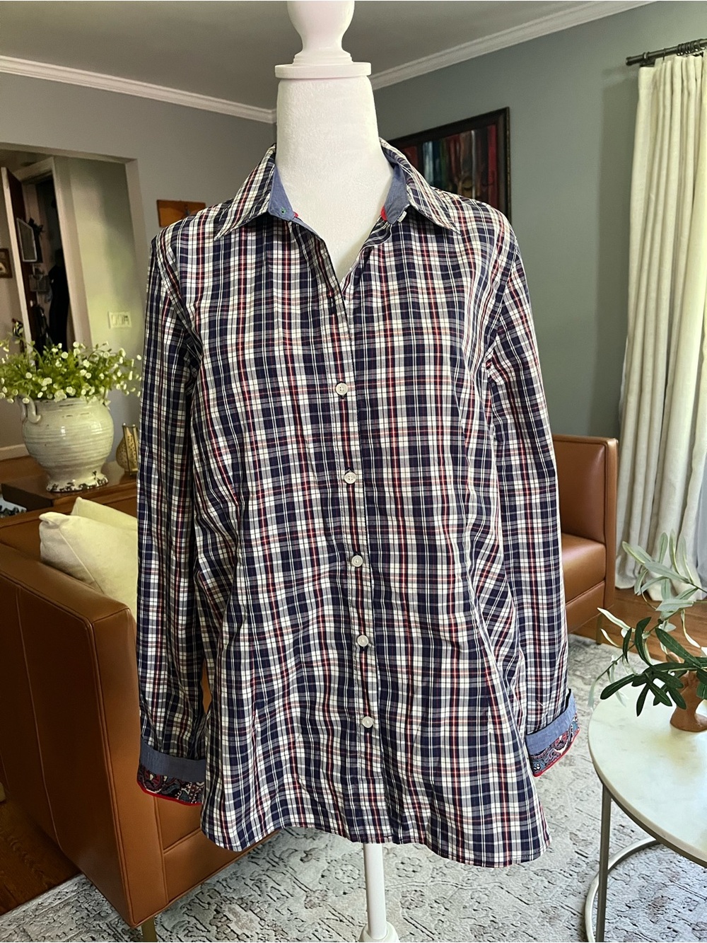 NWT Tommy Hilfiger Plaid Button Down Women’s Shirt Sz. L w/ Contrast Cuff Preppy